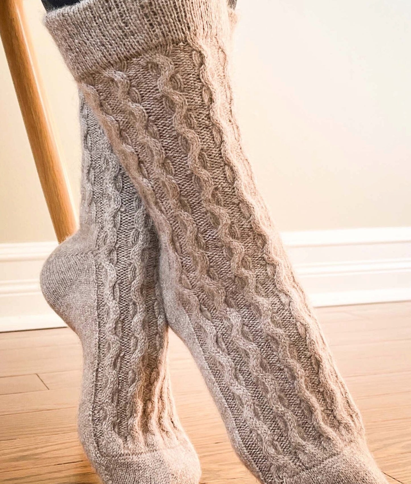 Side facing photo of the Taupe brown cashmere socks