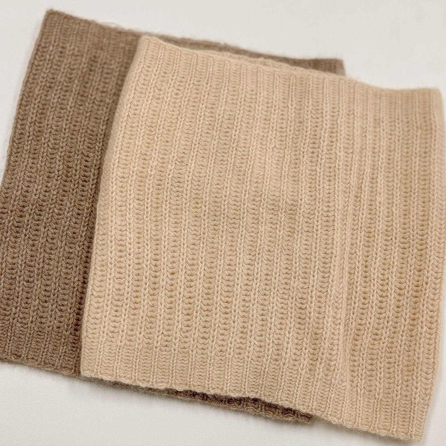 Taupe Brown and Oatmeal Beige Cashmere Infiniti Scarf layered on top of each other
