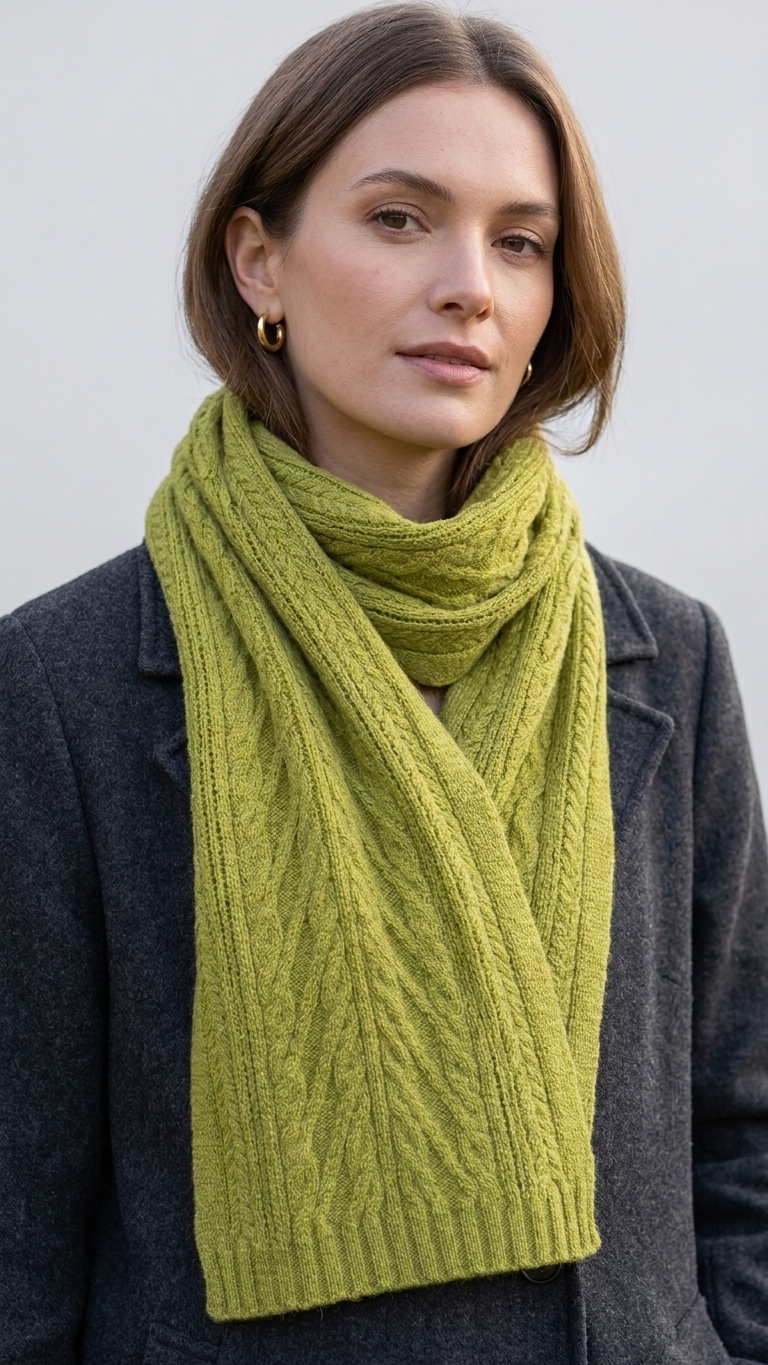 Model is wearing a pure cashmere scarf with patterned in moss green colour. 