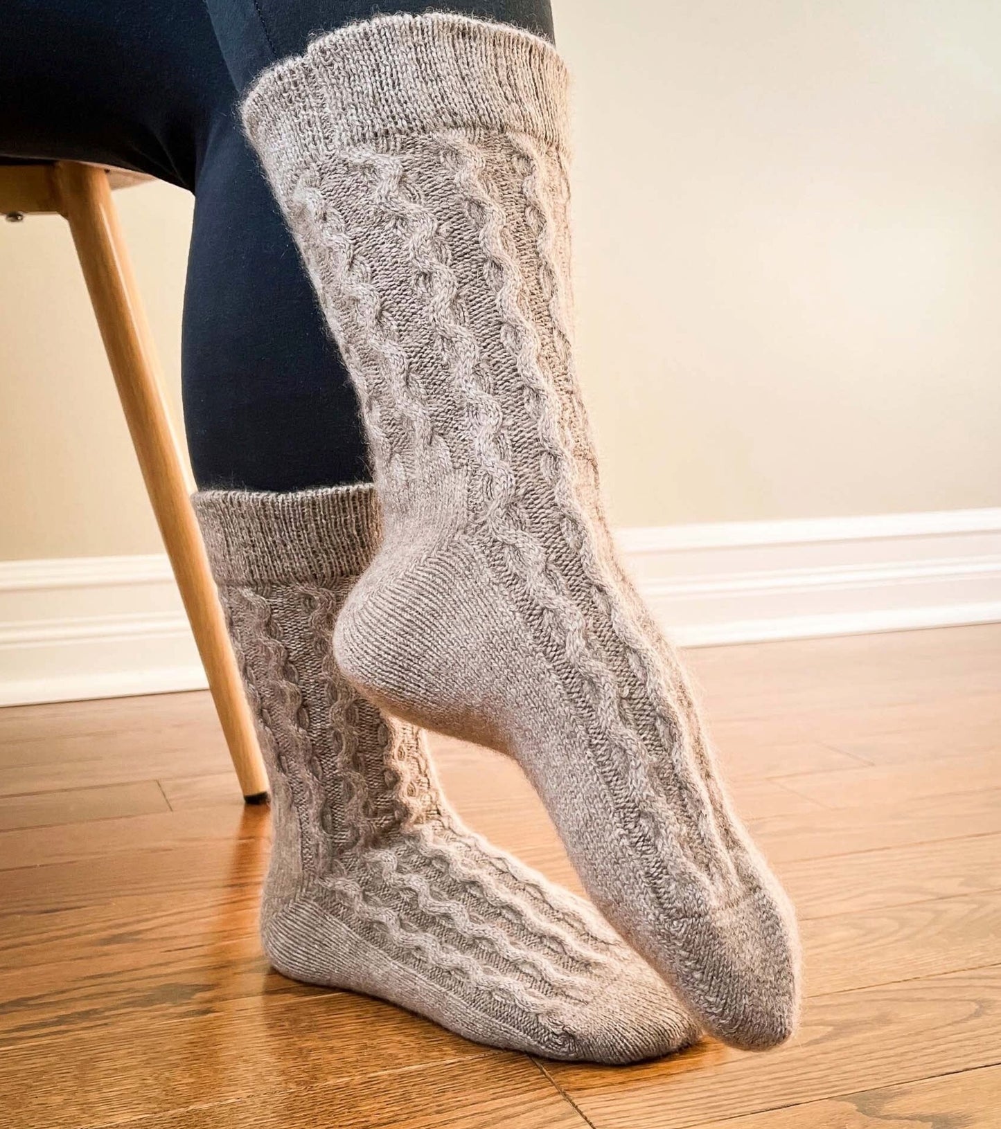 Side facing photo of the Taupe brown cashmere socks