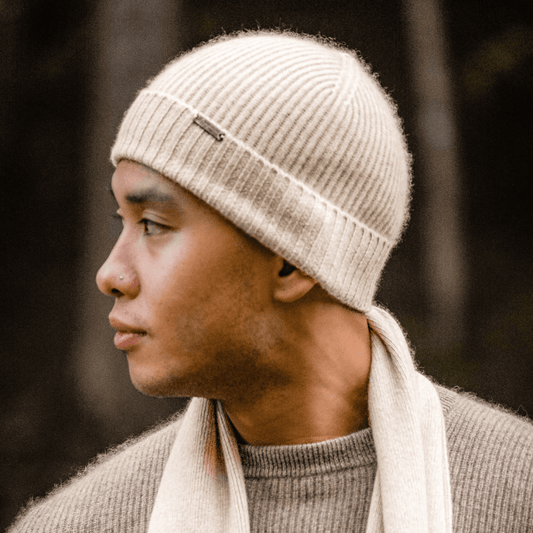 Man wearing Oatmeal Beige 100% Mongolian Cashmere Beanie