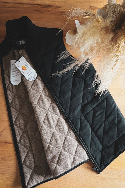 Unisex Outdoor Vest laid out on a table, the cashmere lining is visible. 
