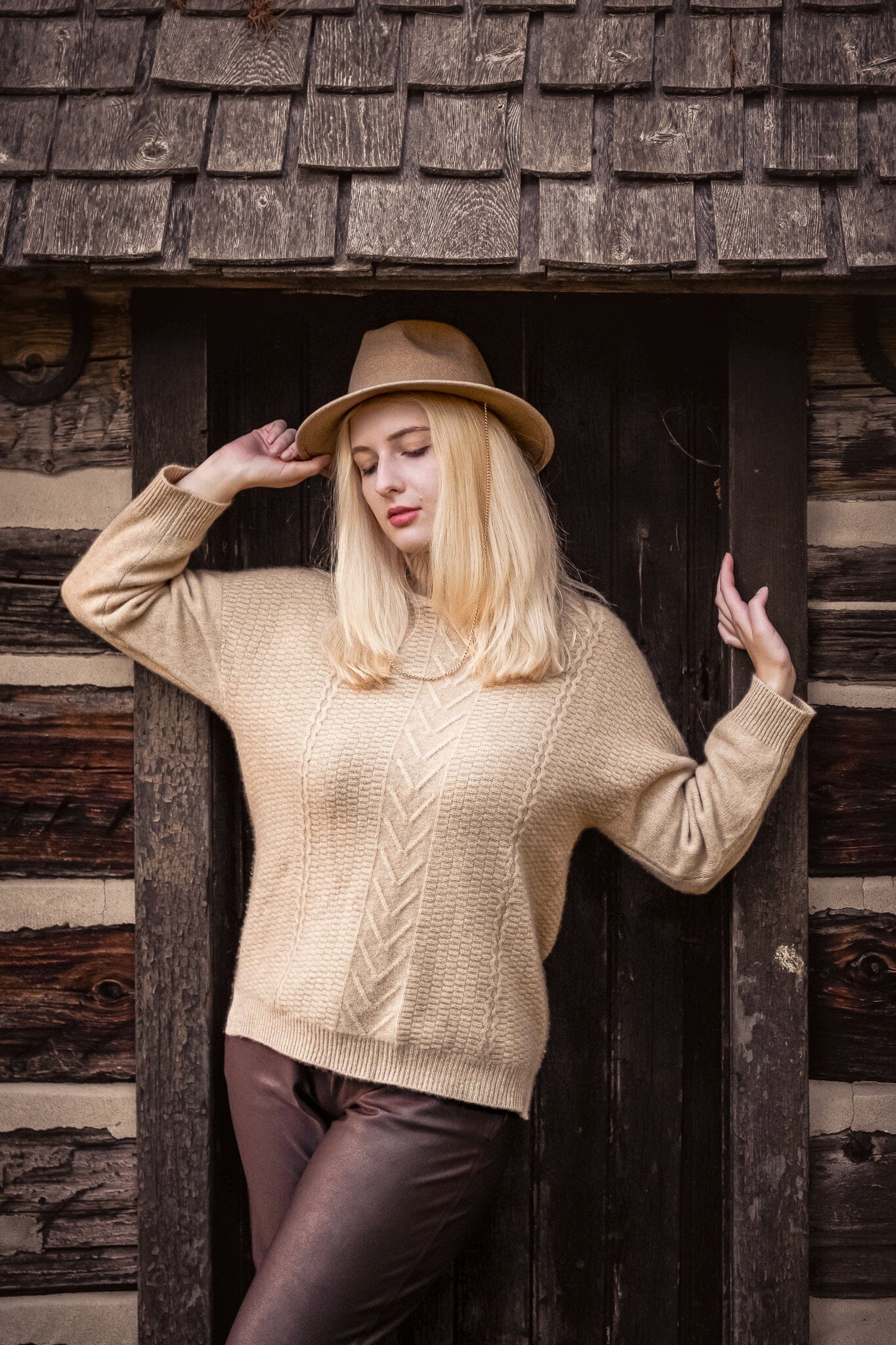Woman posing in the Mongolian Cashmere Turtleneck Sweater