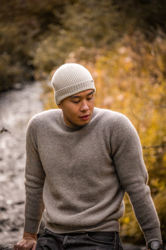 Man wearing a Taupe Brown Cashmere Crew Neck Sweater